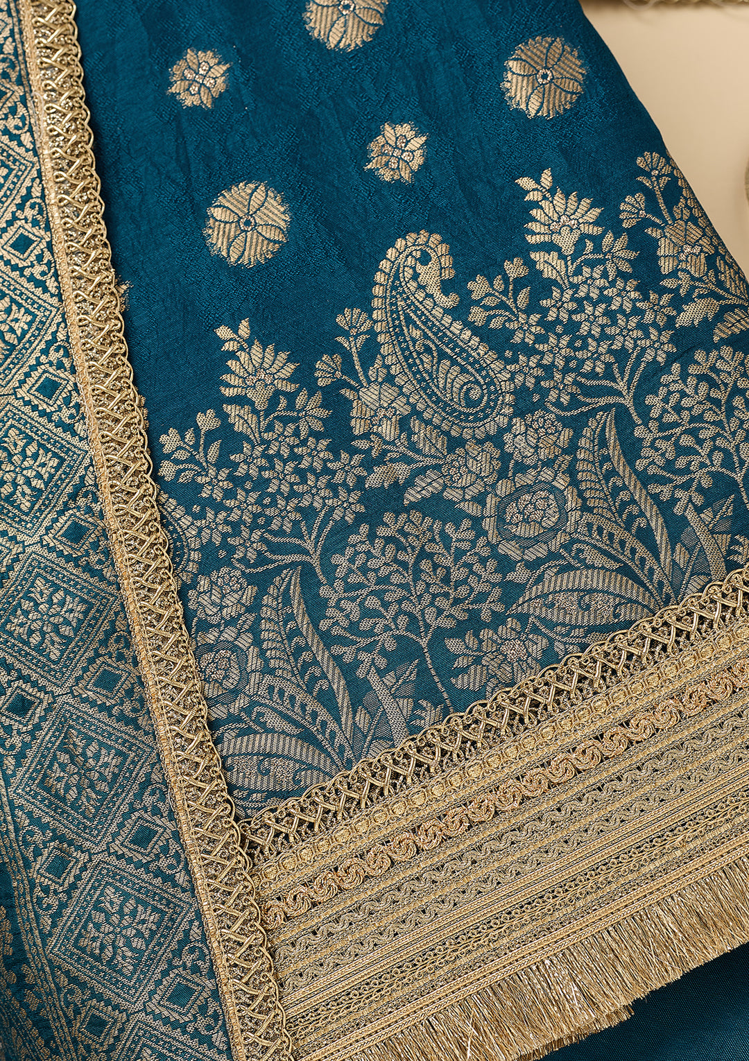 Peacock Blue Dola Silk Gold Zariwork Unstitched Dress Material With Matching Bottom And Dupatta