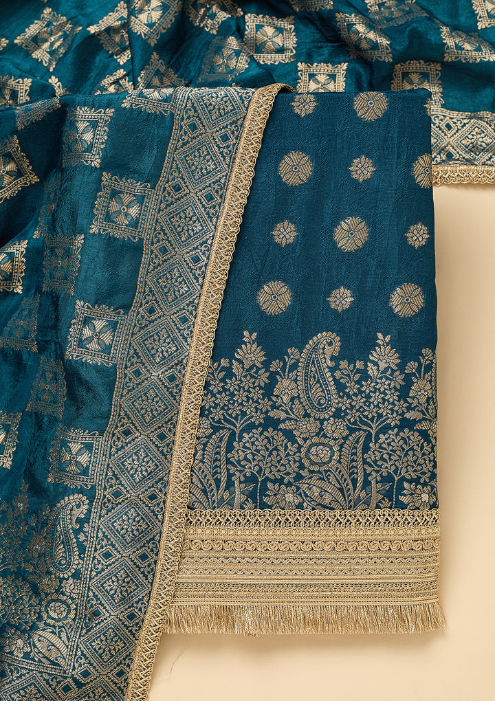 Peacock Blue Dola Silk Gold Zariwork Unstitched Dress Material With Matching Bottom And Dupatta