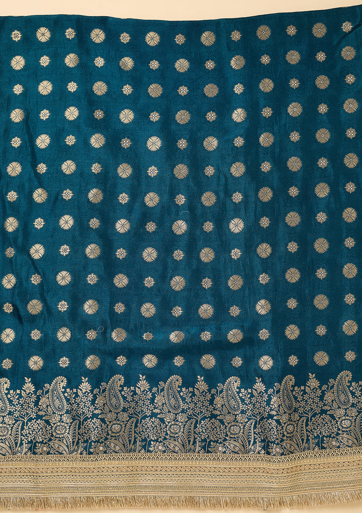 Peacock Blue Dola Silk Gold Zariwork Unstitched Dress Material With Matching Bottom And Dupatta