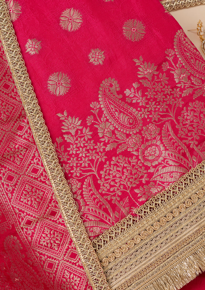 Rani Pink Dola Silk Gold Zariwork Unstitched Dress Material With Matching Bottom And Dupatta