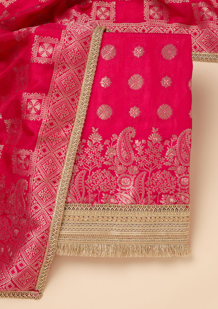 Rani Pink Dola Silk Gold Zariwork Unstitched Dress Material With Matching Bottom And Dupatta