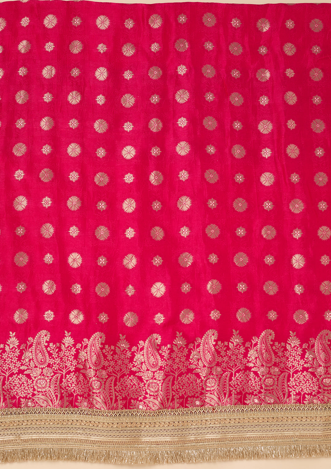 Rani Pink Dola Silk Gold Zariwork Unstitched Dress Material With Matching Bottom And Dupatta