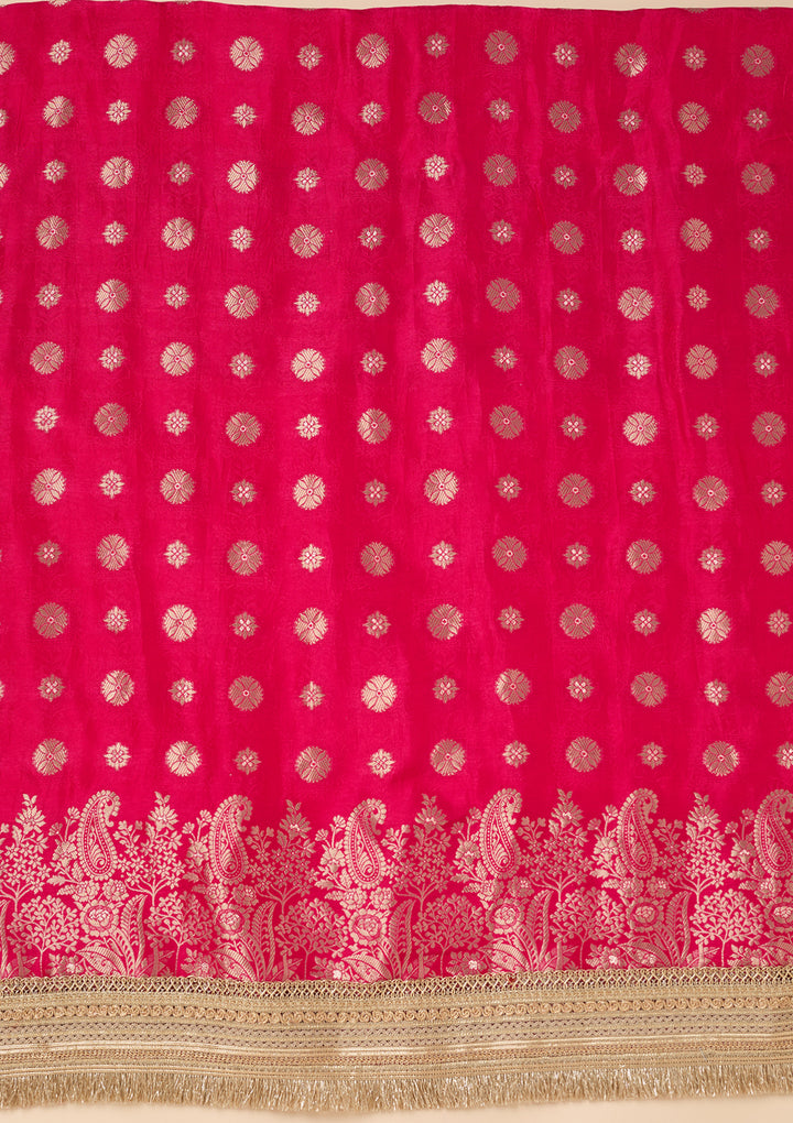 Rani Pink Dola Silk Gold Zariwork Unstitched Dress Material With Matching Bottom And Dupatta