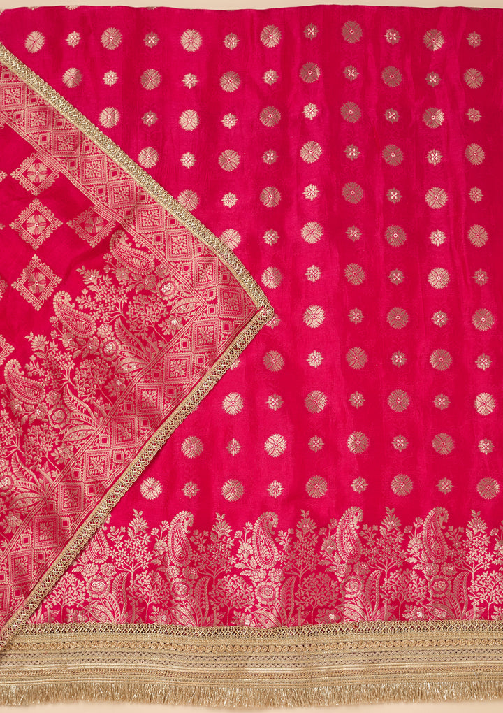 Rani Pink Dola Silk Gold Zariwork Unstitched Dress Material With Matching Bottom And Dupatta