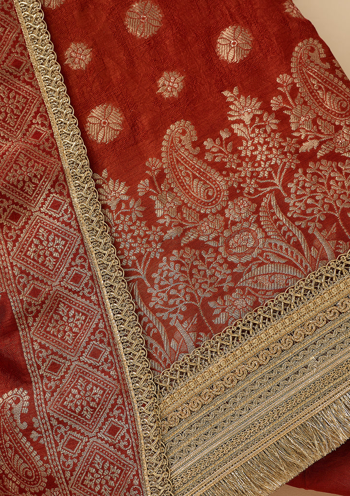 Rust Dola Silk Gold Zariwork Unstitched Dress Material With Matching Bottom And Dupatta