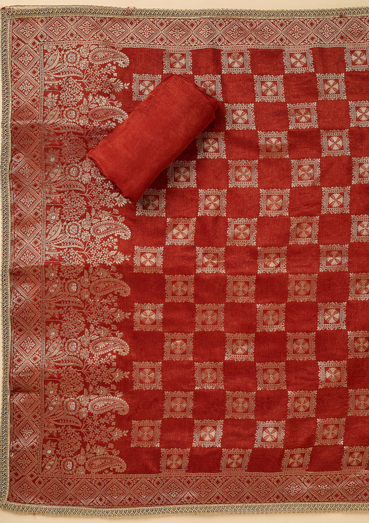 Rust Dola Silk Gold Zariwork Unstitched Dress Material With Matching Bottom And Dupatta
