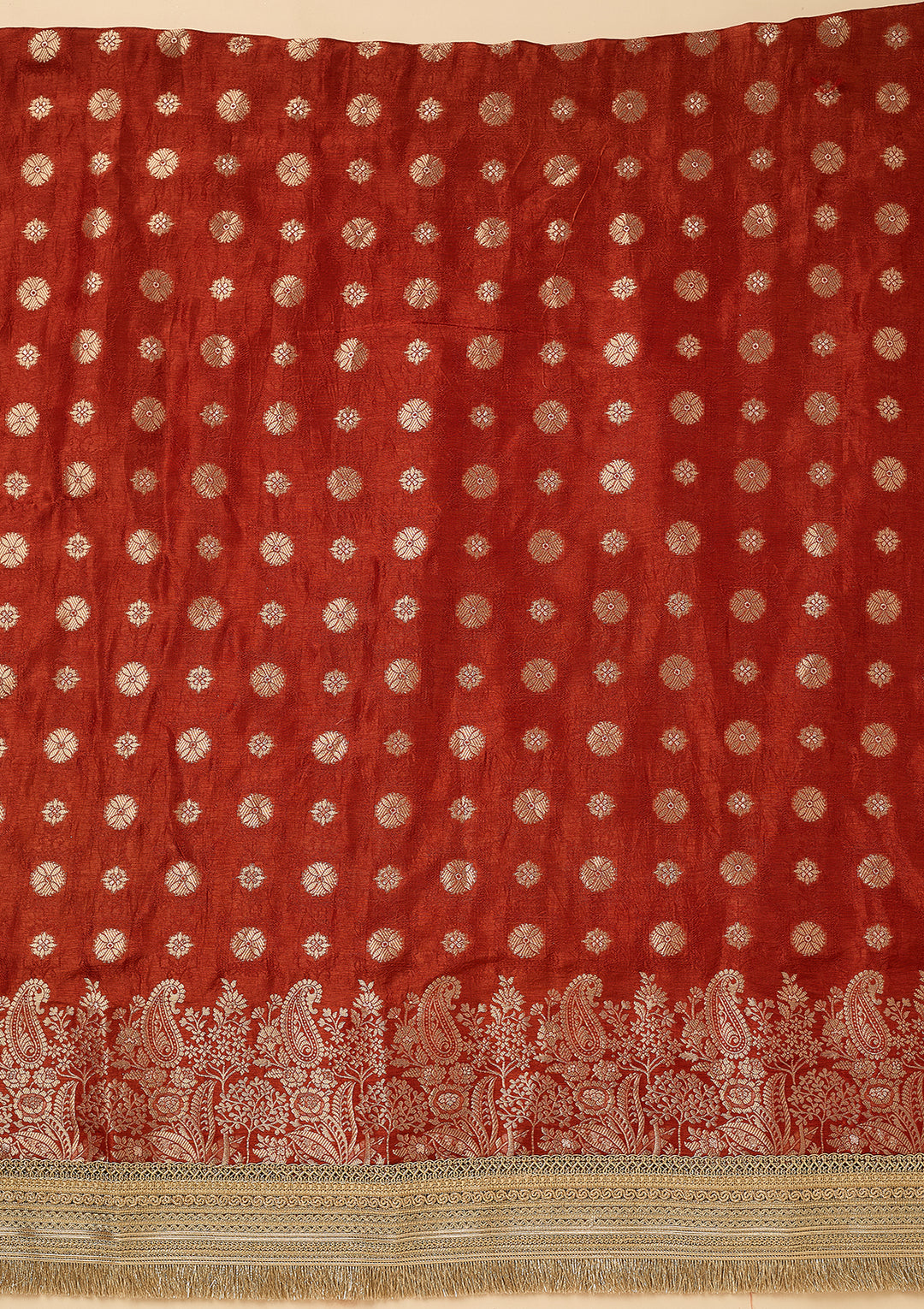 Rust Dola Silk Gold Zariwork Unstitched Dress Material With Matching Bottom And Dupatta