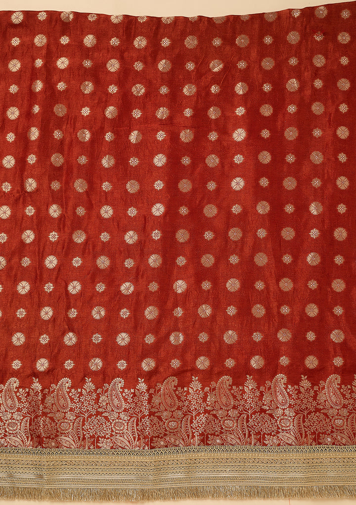 Rust Dola Silk Gold Zariwork Unstitched Dress Material With Matching Bottom And Dupatta