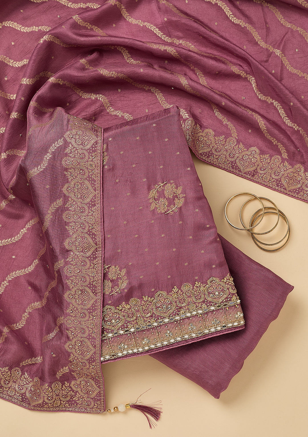 Mauve Dola Silk Gold Stonework Unstitched Dress Material With Matching Bottom And Dupatta