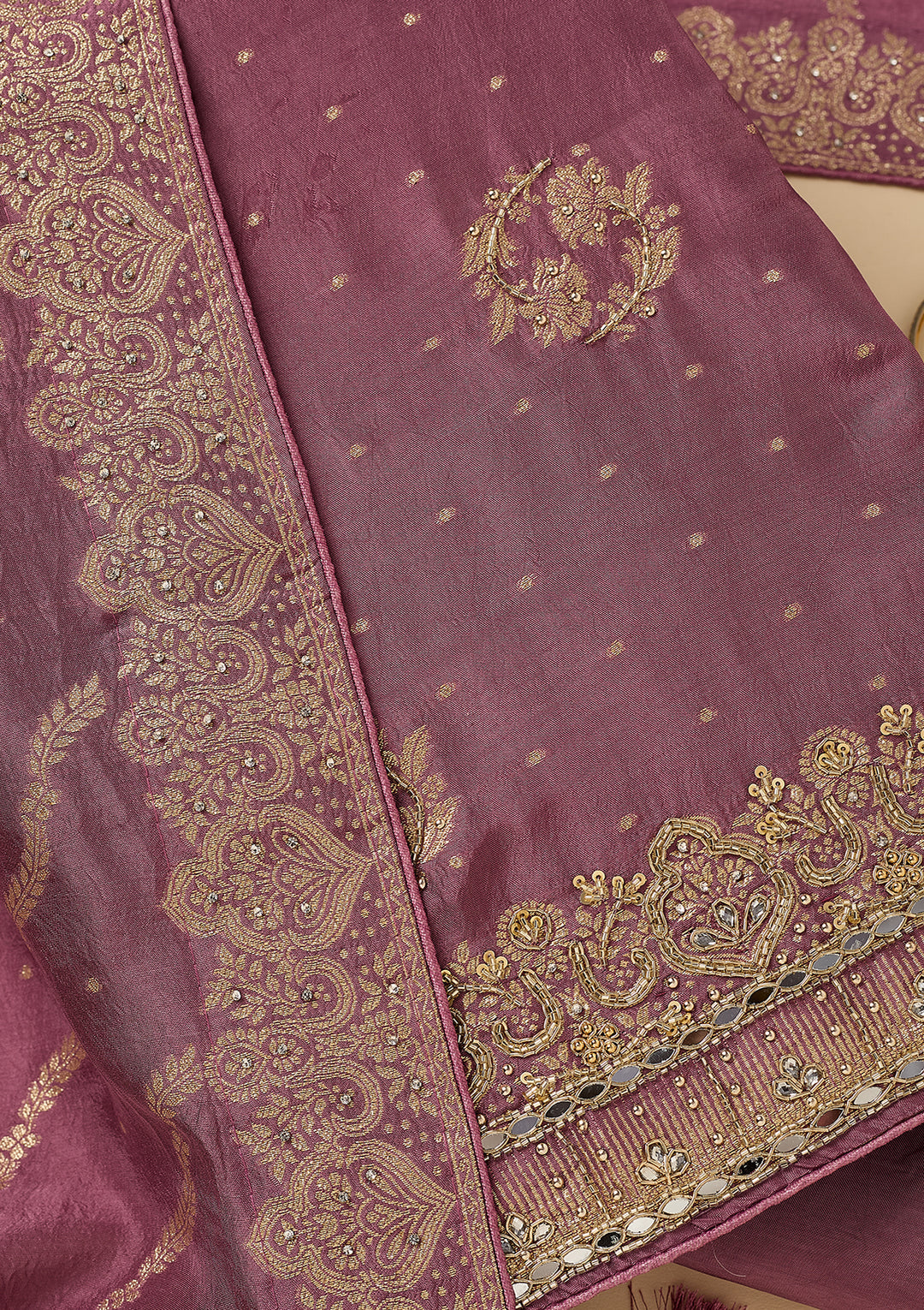 Mauve Dola Silk Gold Stonework Unstitched Dress Material With Matching Bottom And Dupatta