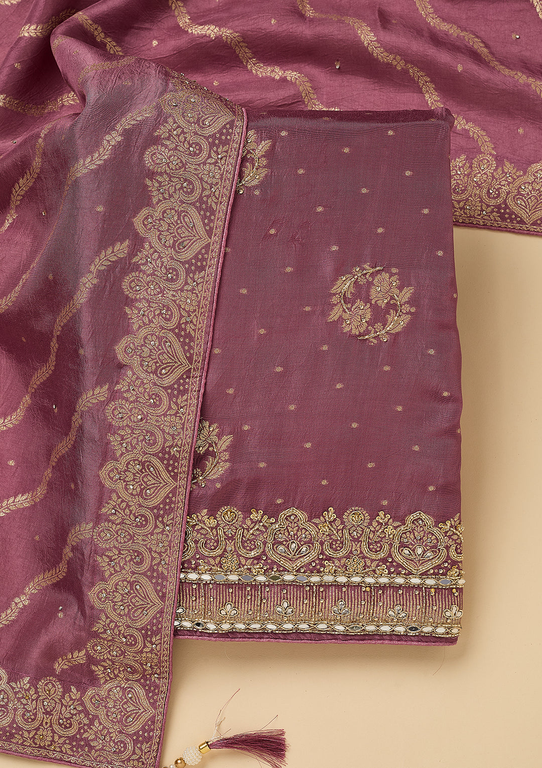 Mauve Dola Silk Gold Stonework Unstitched Dress Material With Matching Bottom And Dupatta