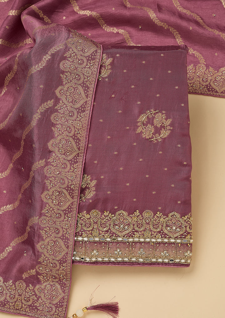 Mauve Dola Silk Gold Stonework Unstitched Dress Material With Matching Bottom And Dupatta