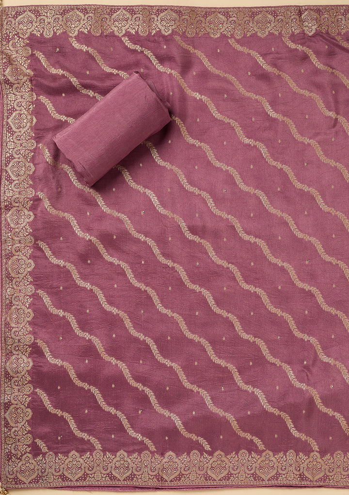 Mauve Dola Silk Gold Stonework Unstitched Dress Material With Matching Bottom And Dupatta