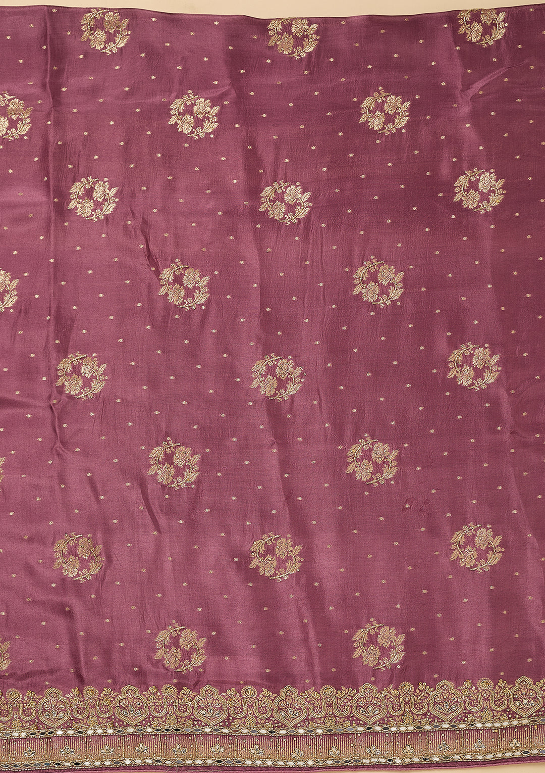 Mauve Dola Silk Gold Stonework Unstitched Dress Material With Matching Bottom And Dupatta