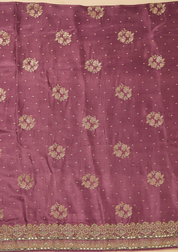 Mauve Dola Silk Gold Stonework Unstitched Dress Material With Matching Bottom And Dupatta