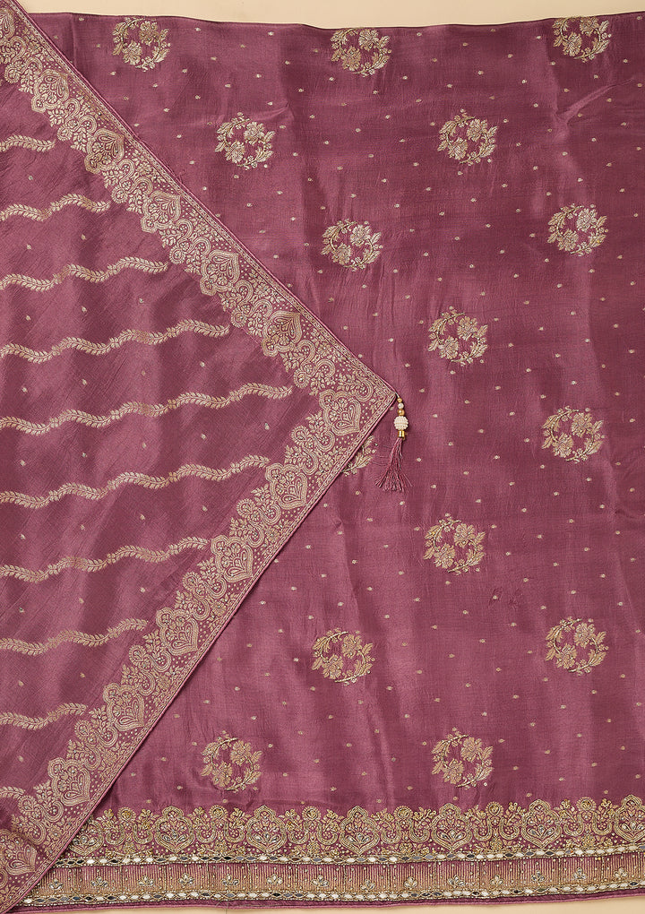 Mauve Dola Silk Gold Stonework Unstitched Dress Material With Matching Bottom And Dupatta