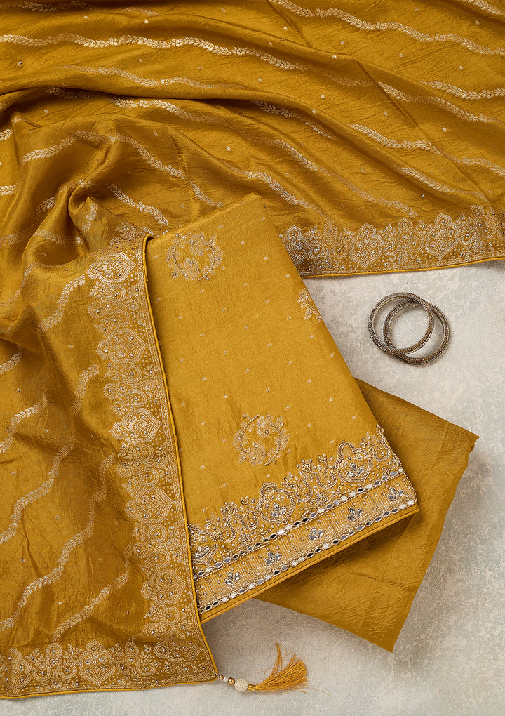 Mustard Dola Silk Gold Stonework Unstitched Dress Material With Matching Bottom And Dupatta