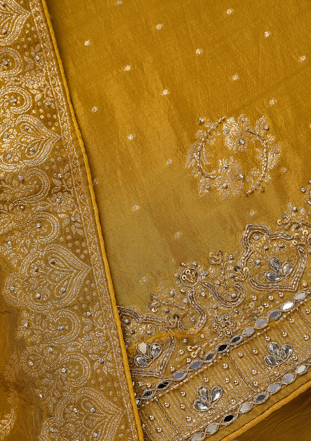 Mustard Dola Silk Gold Stonework Unstitched Dress Material With Matching Bottom And Dupatta