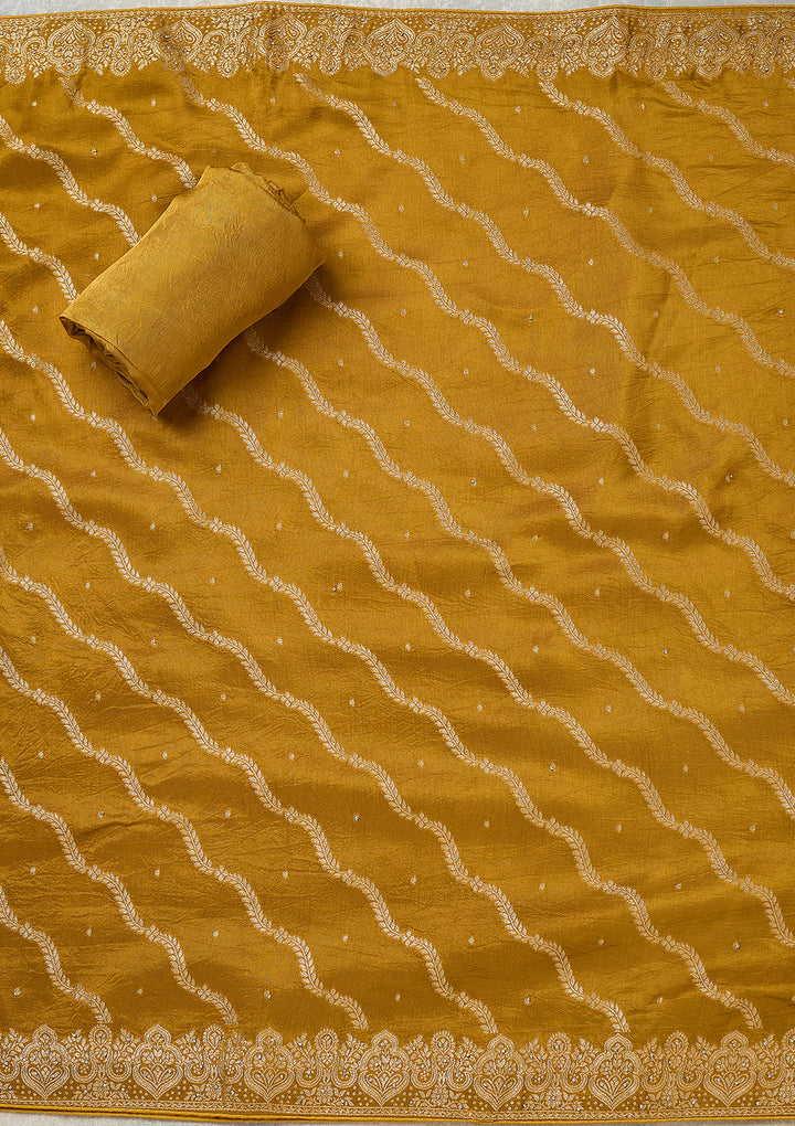 Mustard Dola Silk Gold Stonework Unstitched Dress Material With Matching Bottom And Dupatta