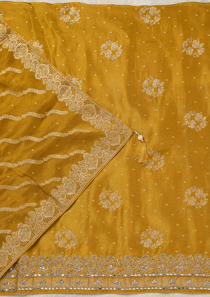 Mustard Dola Silk Gold Stonework Unstitched Dress Material With Matching Bottom And Dupatta