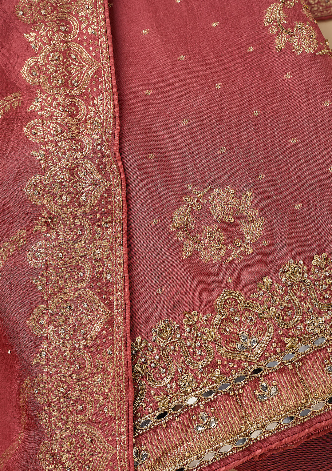 Onion Pink Dola Silk Gold Stonework Unstitched Dress Material With Matching Bottom And Dupatta