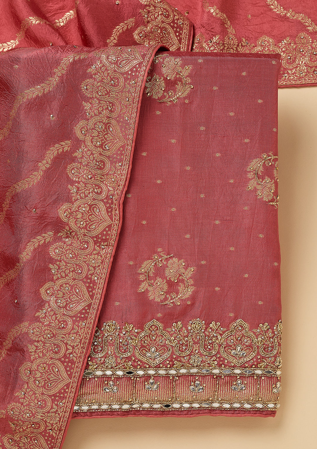 Onion Pink Dola Silk Gold Stonework Unstitched Dress Material With Matching Bottom And Dupatta