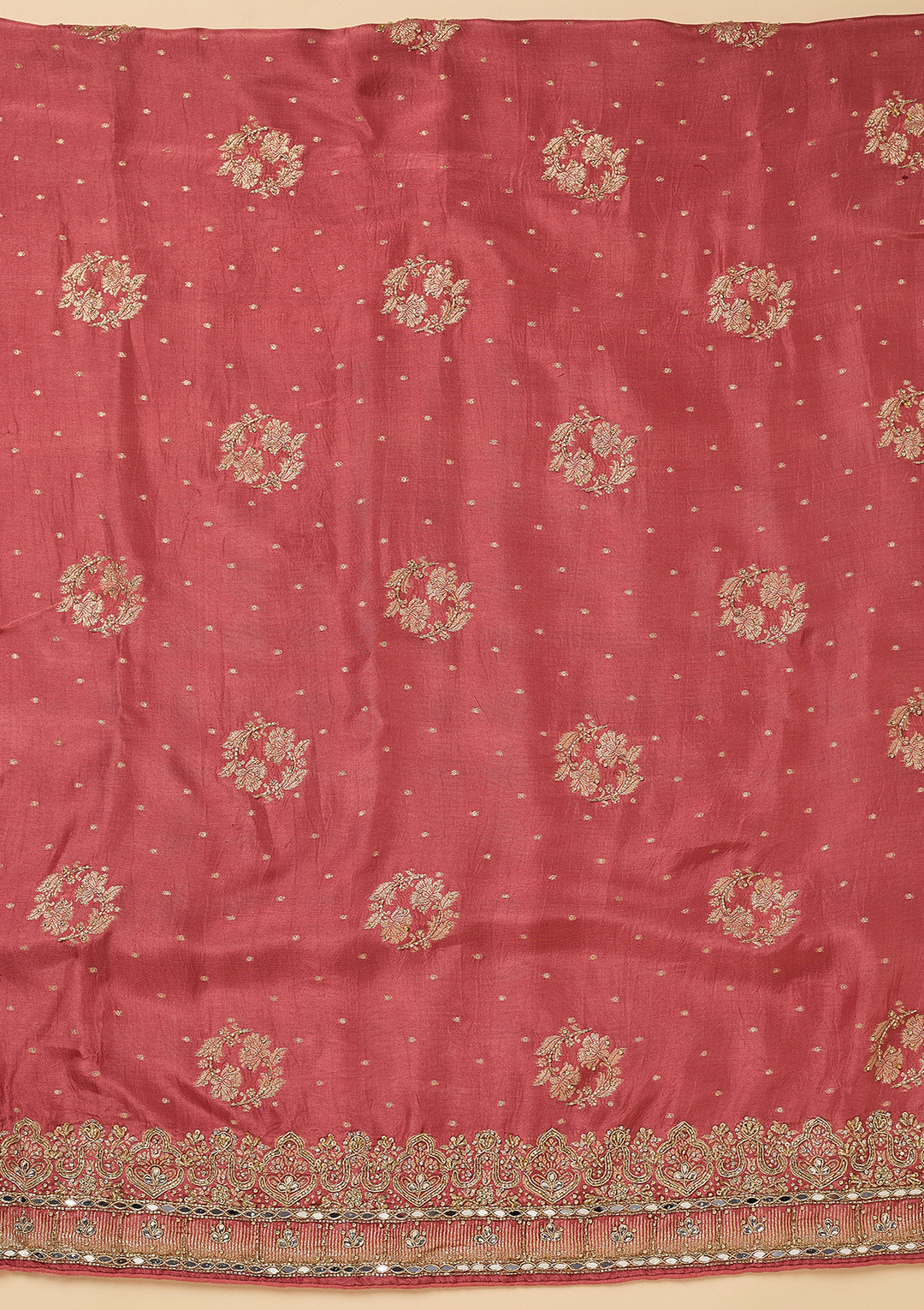 Onion Pink Dola Silk Gold Stonework Unstitched Dress Material With Matching Bottom And Dupatta