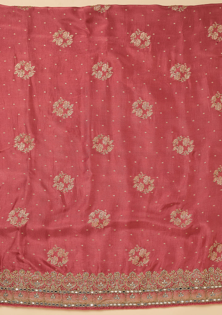 Onion Pink Dola Silk Gold Stonework Unstitched Dress Material With Matching Bottom And Dupatta