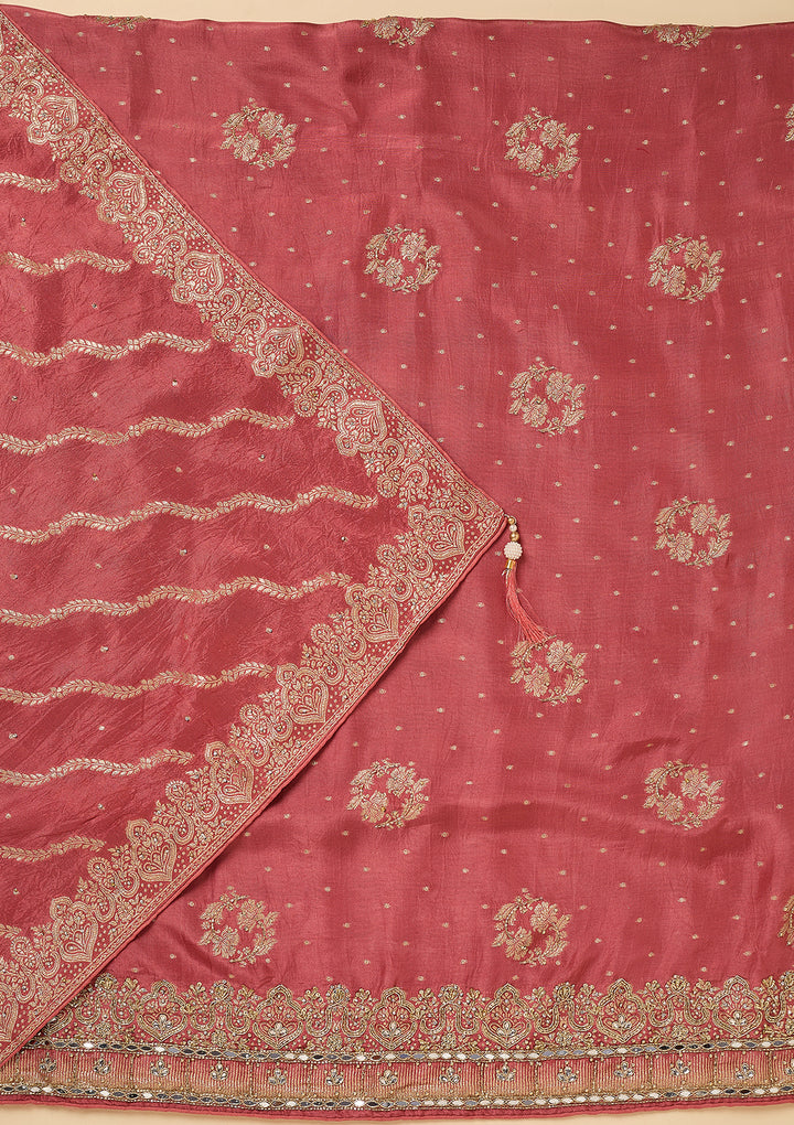 Onion Pink Dola Silk Gold Stonework Unstitched Dress Material With Matching Bottom And Dupatta