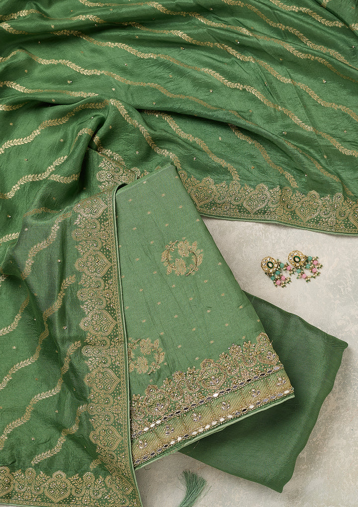 Pista Green Dola Silk Gold Stonework Unstitched Dress Material With Matching Bottom And Dupatta