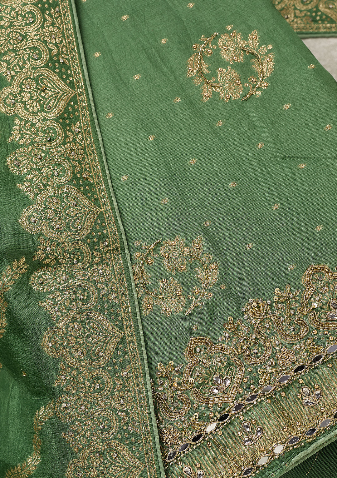 Pista Green Dola Silk Gold Stonework Unstitched Dress Material With Matching Bottom And Dupatta