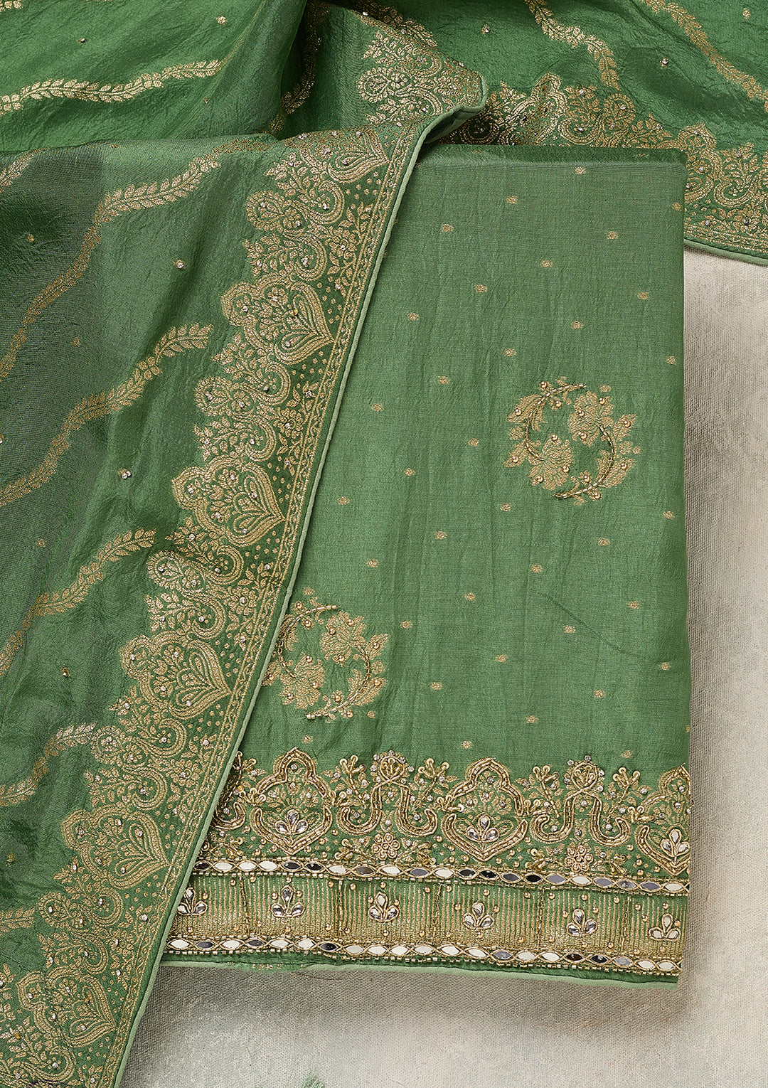 Pista Green Dola Silk Gold Stonework Unstitched Dress Material With Matching Bottom And Dupatta