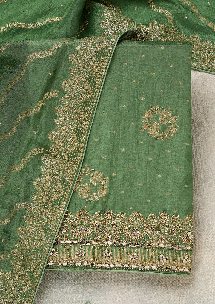 Pista Green Dola Silk Gold Stonework Unstitched Dress Material With Matching Bottom And Dupatta