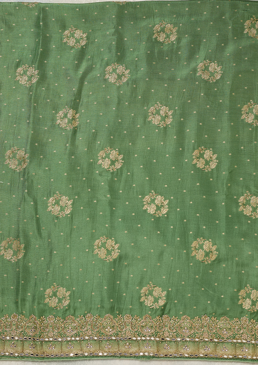Pista Green Dola Silk Gold Stonework Unstitched Dress Material With Matching Bottom And Dupatta
