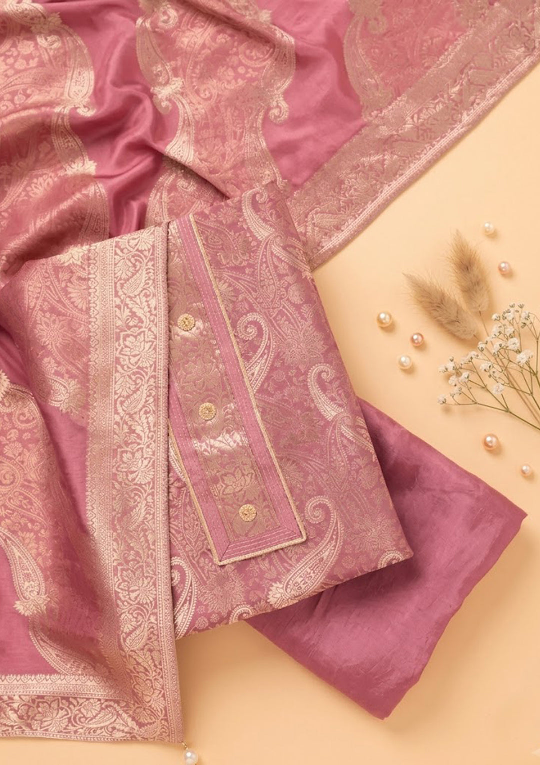 Onion Pink Dola Silk Gold Zariwork Unstitched Dress Material With Matching Bottom And Dupatta