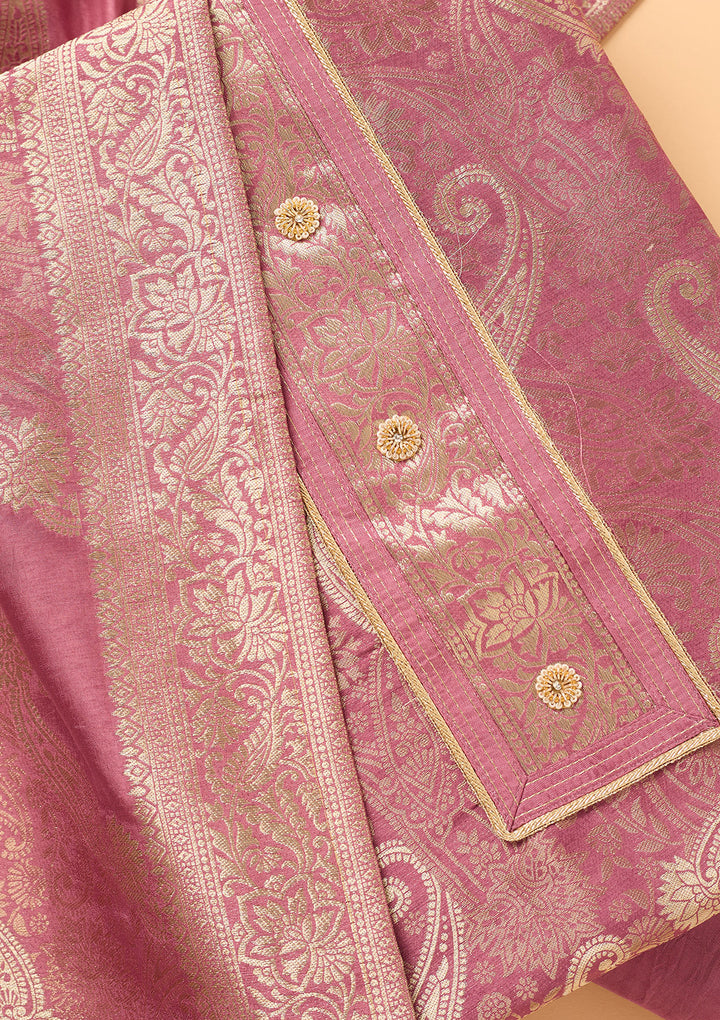 Onion Pink Dola Silk Gold Zariwork Unstitched Dress Material With Matching Bottom And Dupatta