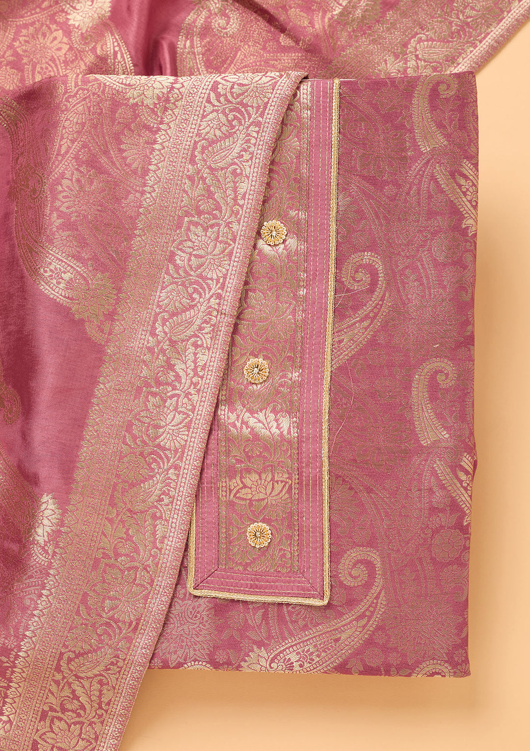 Onion Pink Dola Silk Gold Zariwork Unstitched Dress Material With Matching Bottom And Dupatta