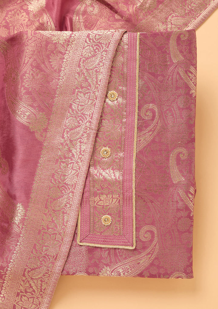 Onion Pink Dola Silk Gold Zariwork Unstitched Dress Material With Matching Bottom And Dupatta