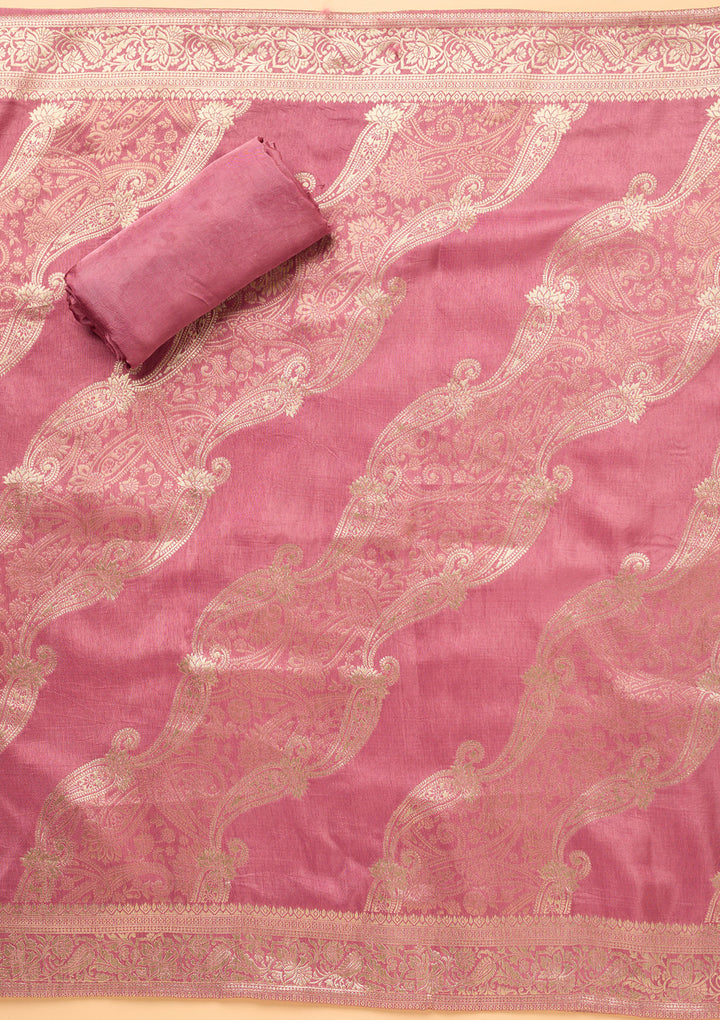 Onion Pink Dola Silk Gold Zariwork Unstitched Dress Material With Matching Bottom And Dupatta
