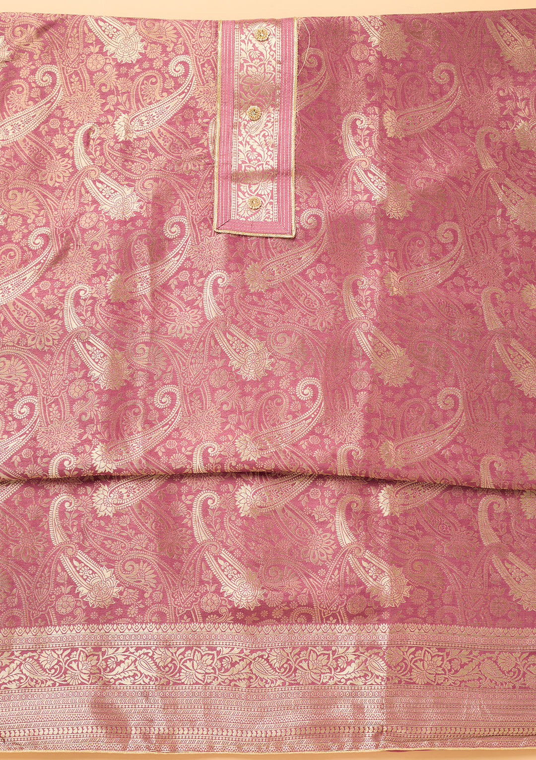 Onion Pink Dola Silk Gold Zariwork Unstitched Dress Material With Matching Bottom And Dupatta