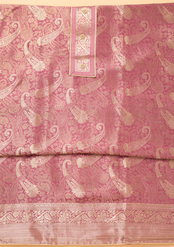 Onion Pink Dola Silk Gold Zariwork Unstitched Dress Material With Matching Bottom And Dupatta