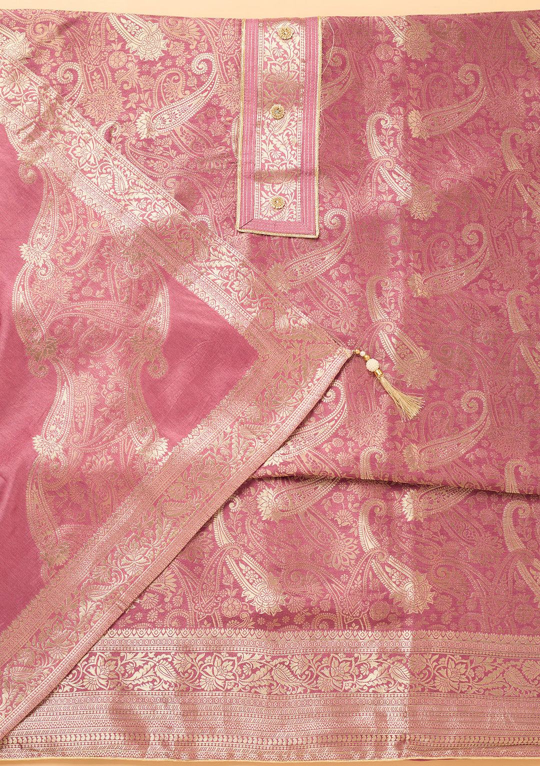 Onion Pink Dola Silk Gold Zariwork Unstitched Dress Material With Matching Bottom And Dupatta
