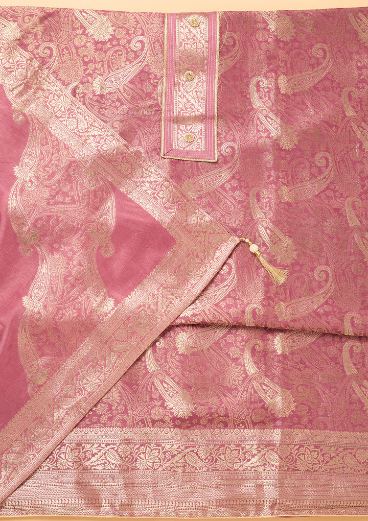 Onion Pink Dola Silk Gold Zariwork Unstitched Dress Material With Matching Bottom And Dupatta