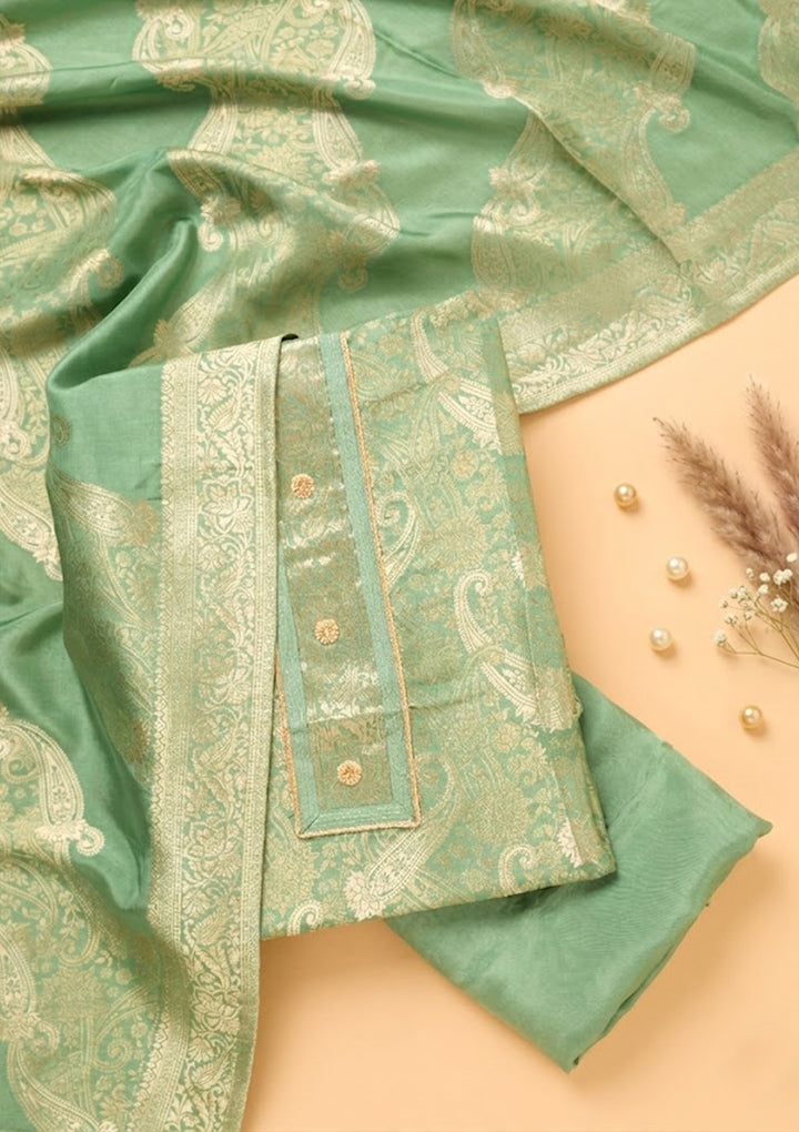Pista Green Dola Silk Gold Zariwork Unstitched Dress Material With Matching Bottom And Dupatta
