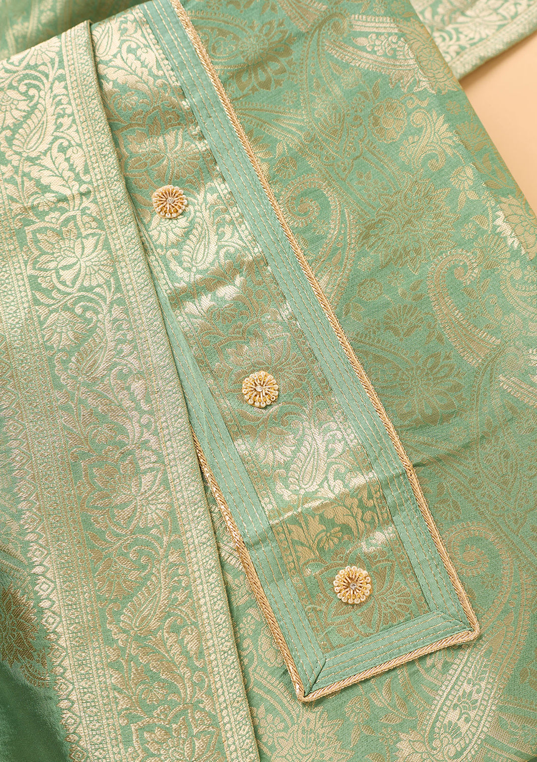 Pista Green Dola Silk Gold Zariwork Unstitched Dress Material With Matching Bottom And Dupatta