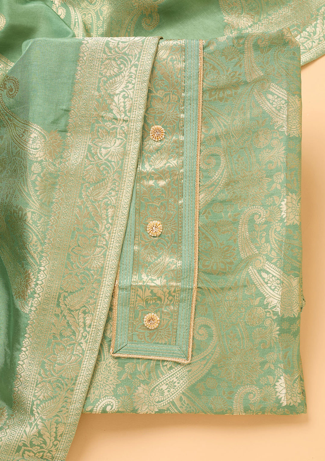Pista Green Dola Silk Gold Zariwork Unstitched Dress Material With Matching Bottom And Dupatta