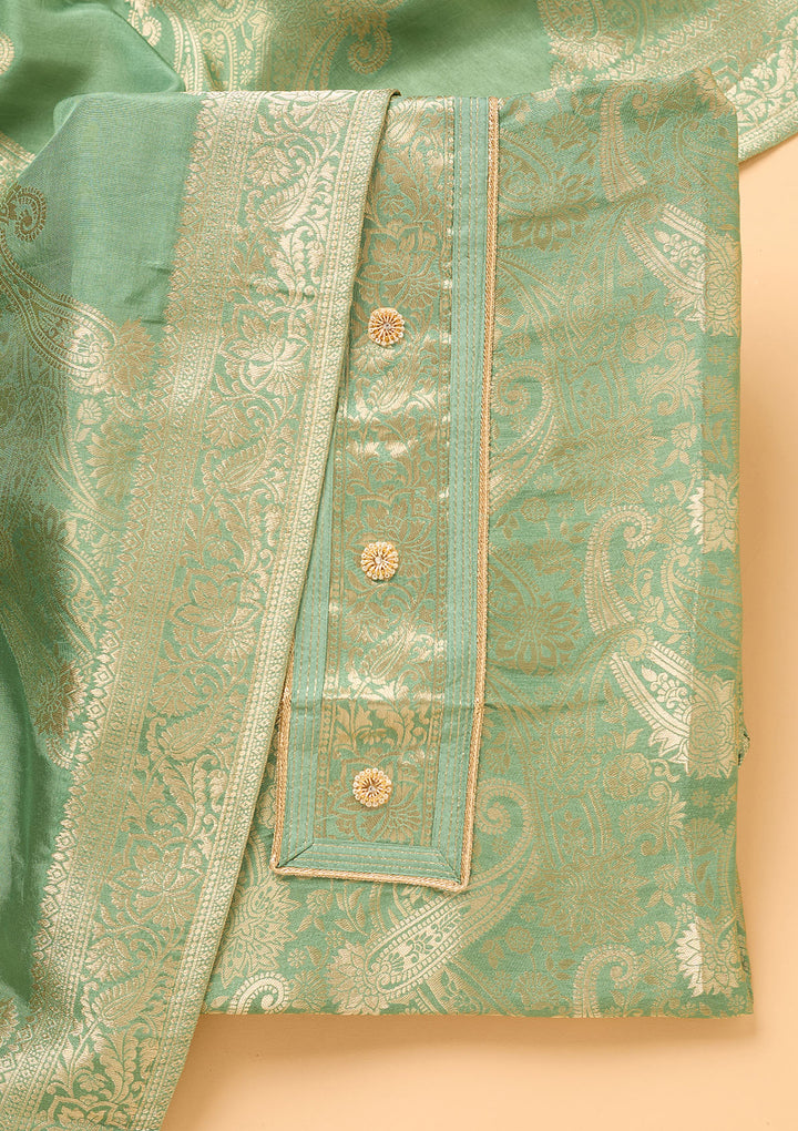 Pista Green Dola Silk Gold Zariwork Unstitched Dress Material With Matching Bottom And Dupatta