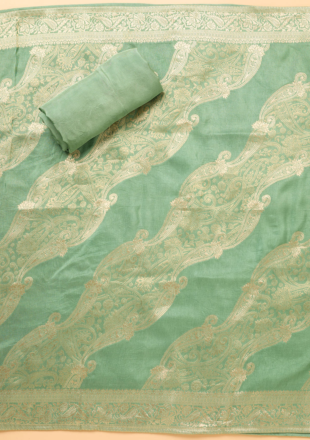 Pista Green Dola Silk Gold Zariwork Unstitched Dress Material With Matching Bottom And Dupatta
