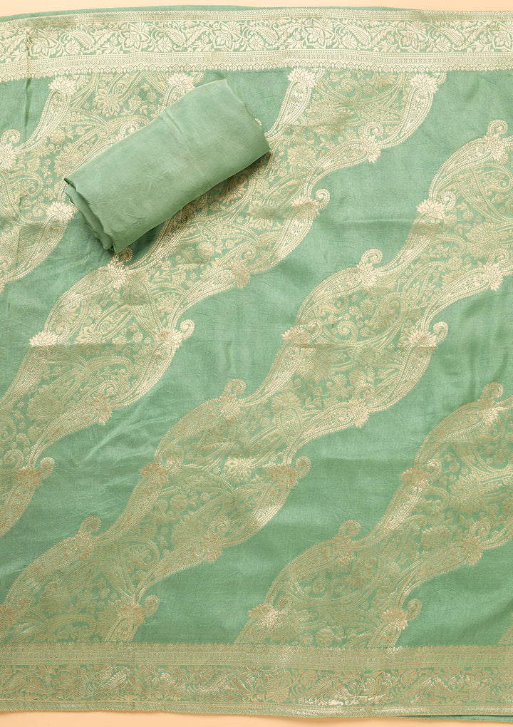 Pista Green Dola Silk Gold Zariwork Unstitched Dress Material With Matching Bottom And Dupatta