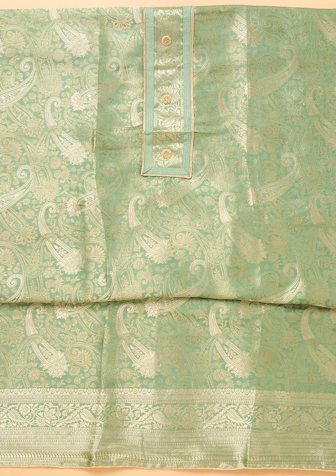 Pista Green Dola Silk Gold Zariwork Unstitched Dress Material With Matching Bottom And Dupatta